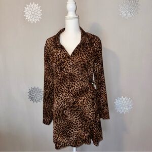 Leopard Animal Print Long Sleeve Wrap Dress Collar V-Neck Exotic Chic NWT
